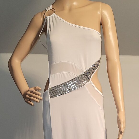 Sexy Women White Long Classy Dress Stretch Silver Seqence Club Medium SL6036-1 - Picture 1 of 9